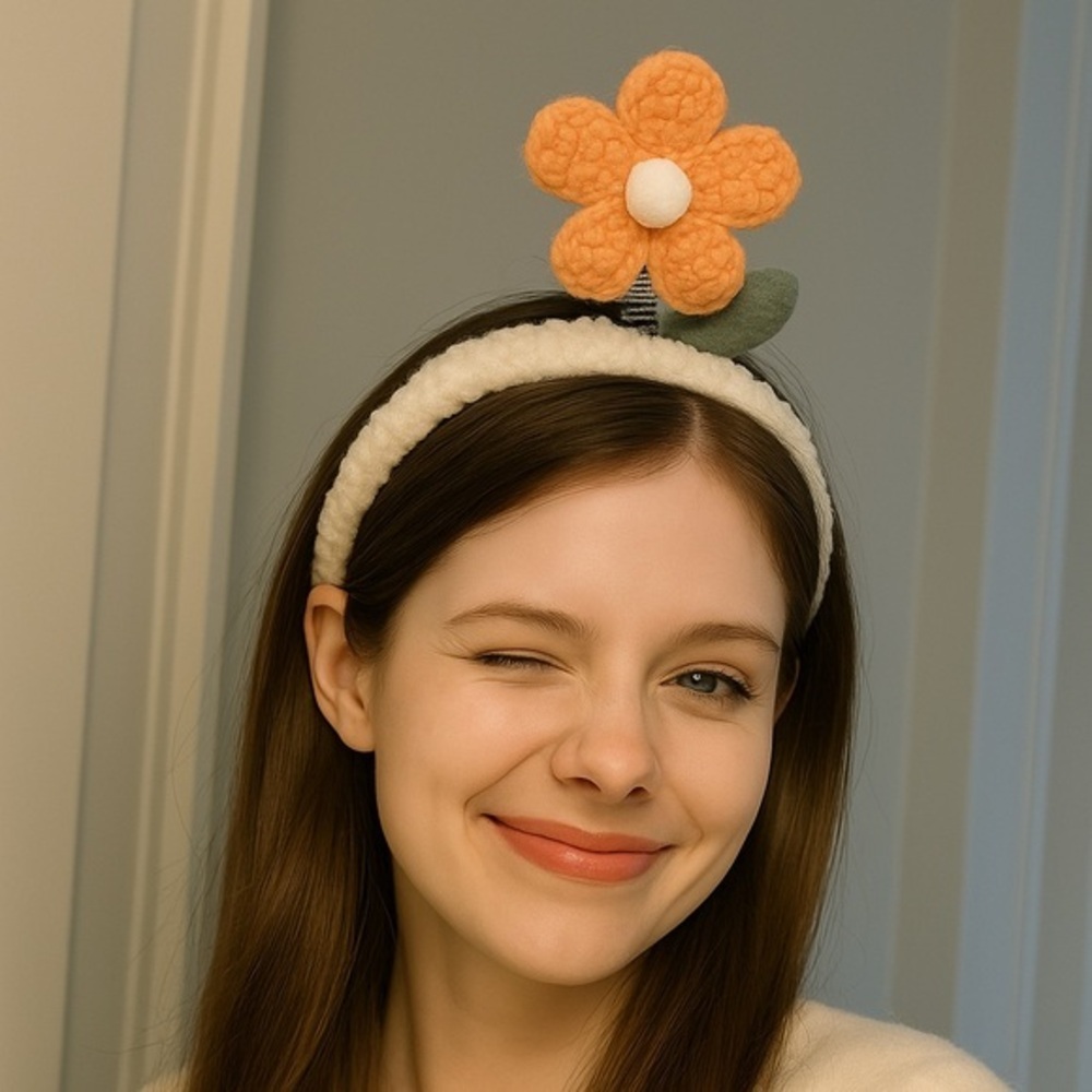Fluffy White Headband with orange Flower & Leaf – Cute Plush Hair Accessory